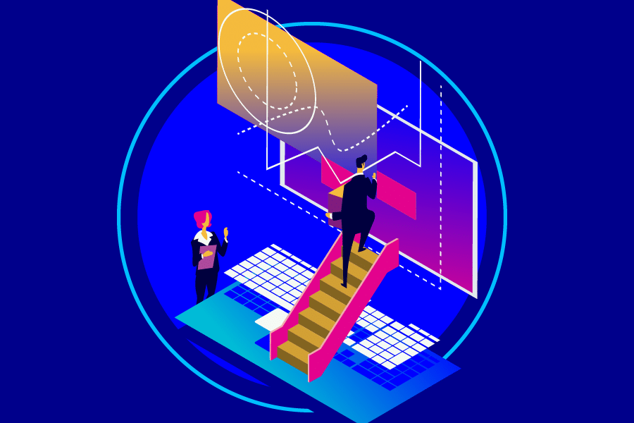 Graphic of businessman climbing the stairs to view charts on a computer monitor. Co Managed IT Services Provider in Austin TX