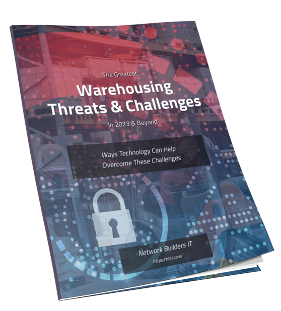 A 3d mockup of the Greatest Warehousing Threats & Challenges report as a pamphlet.